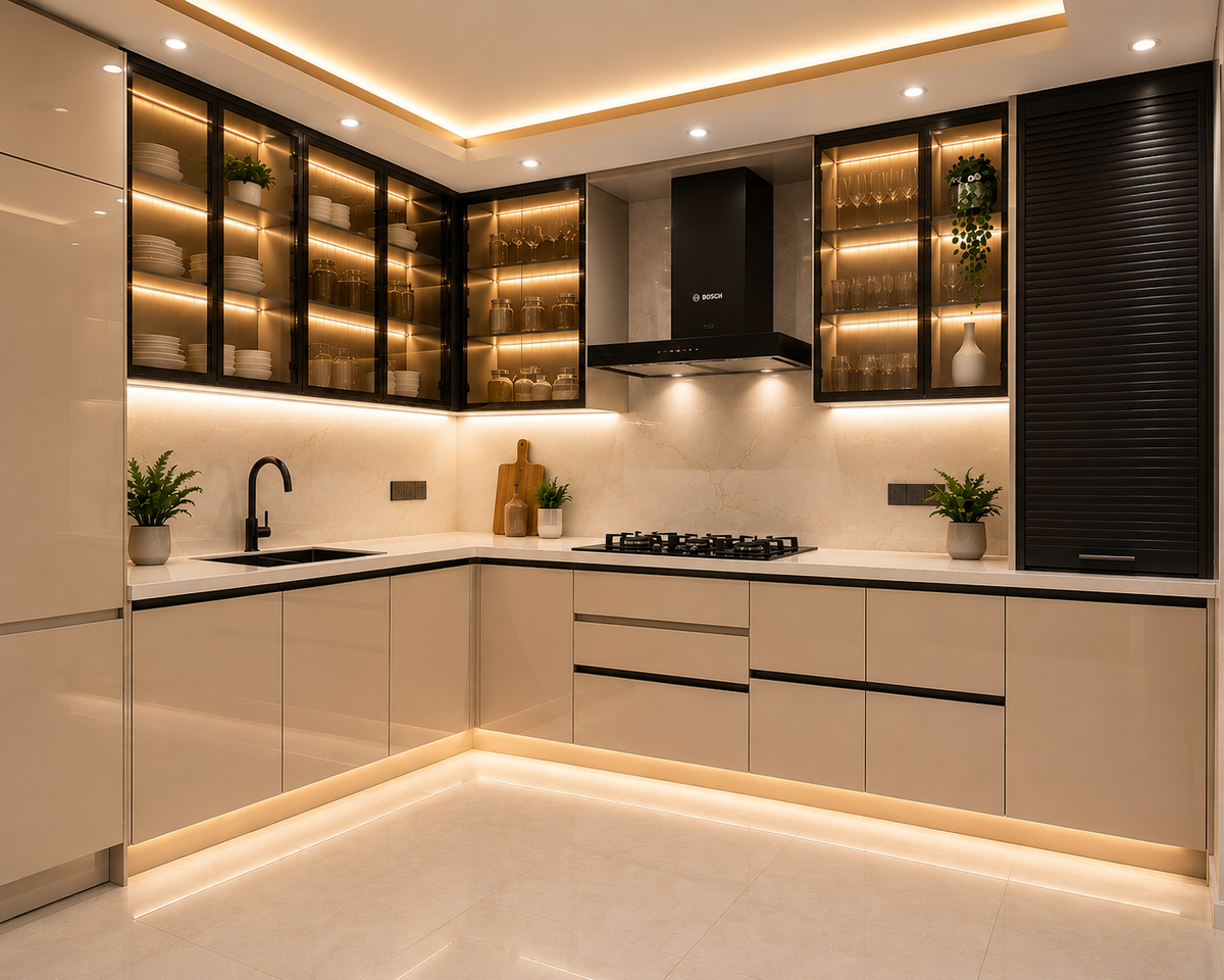 High gloss acrylic Beige ANE modular kitchen, Arancia Kuchen Patna
